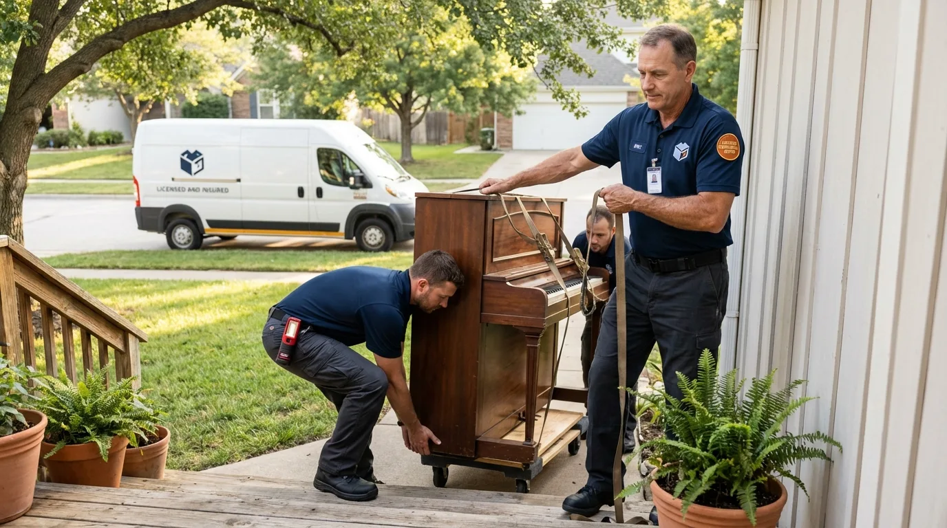 Licensed piano movers securing grand piano in North Sioux City, SD
