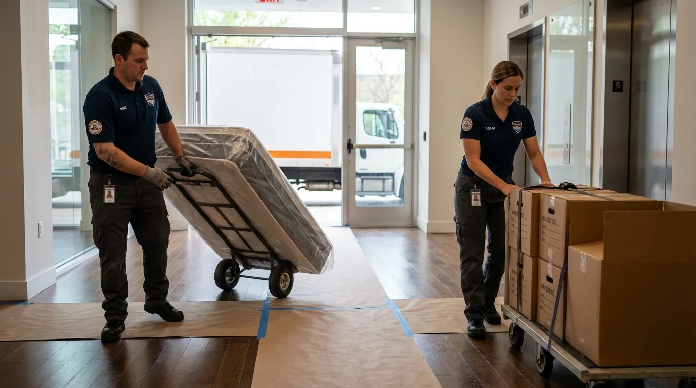 Professional apartment movers loading elevator in North Sioux City, SD