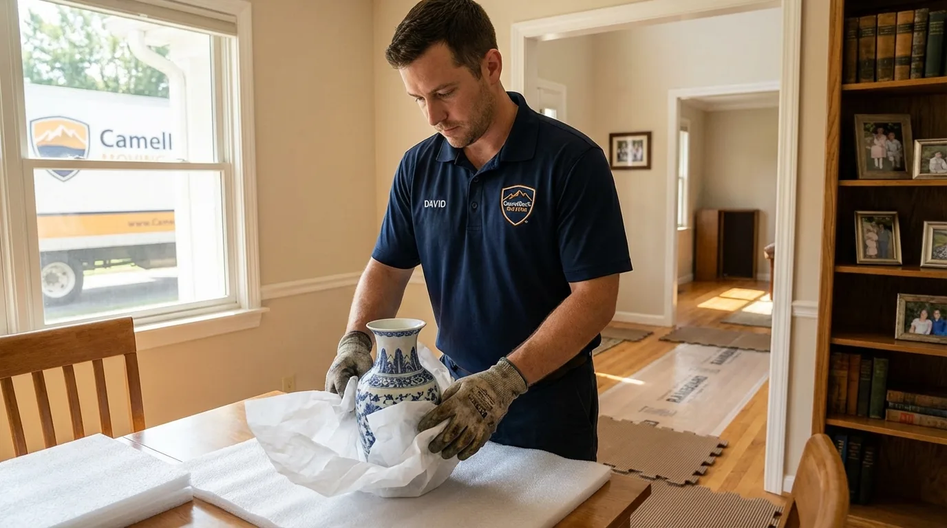 Professional crew carefully wrapping antique vase for senior downsizing move in North Sioux City, SD