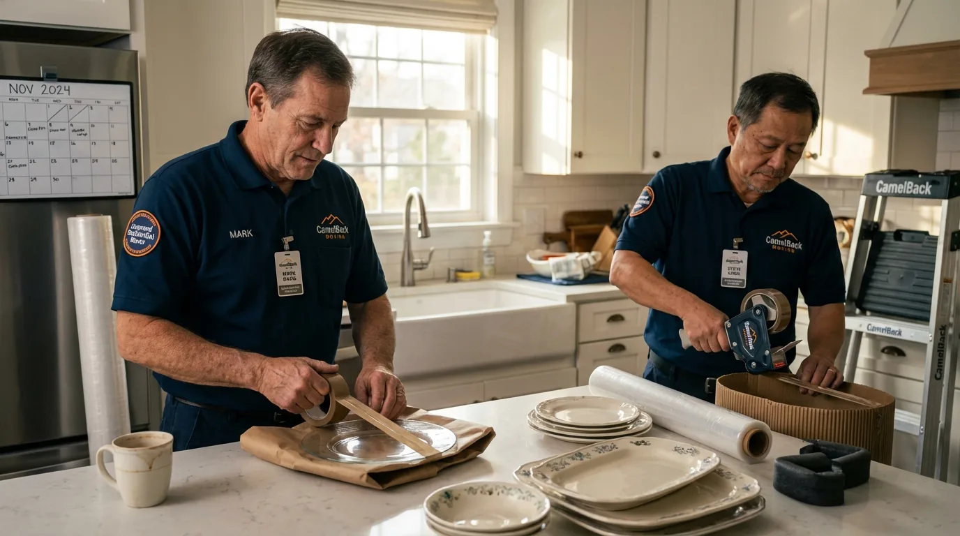 Professional crew packing kitchen dishware in North Sioux City, SD